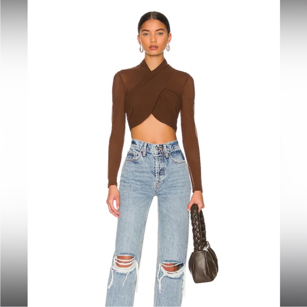 Nwt Bardot Aliyah Brown Knit Mesh Twist Front Cropped Long Sleeve Top